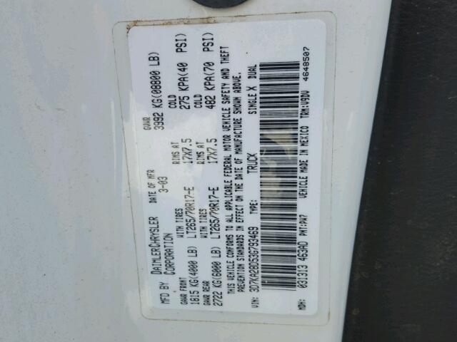 3D7KA28D53G793469 - 2003 DODGE RAM 2500 S WHITE photo 10