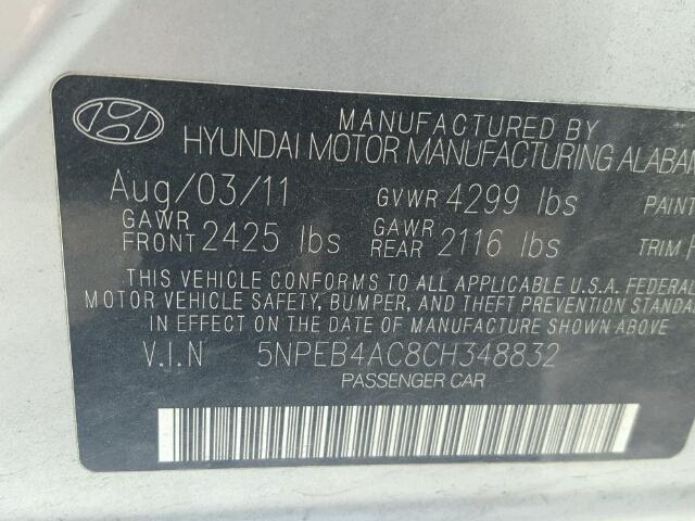 5NPEB4AC8CH348832 - 2012 HYUNDAI SONATA GLS SILVER photo 10