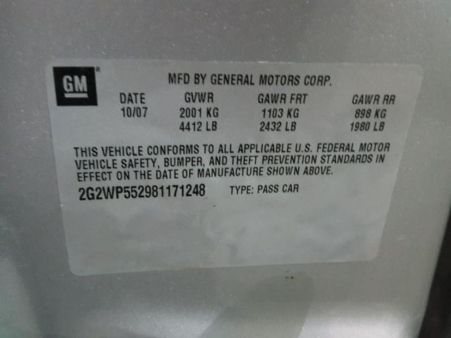 2G2WP552981171248 - 2008 PONTIAC GRAND PRIX SILVER photo 10