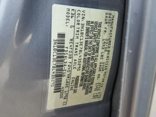 3N1BC13E78L435290 - 2008 NISSAN VERSA S GRAY photo 10