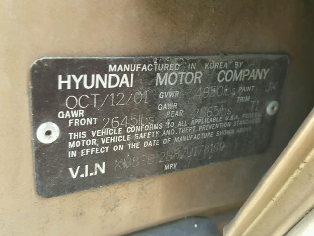 KM8SB12B82U178169 - 2002 HYUNDAI SANTA FE G GOLD photo 10