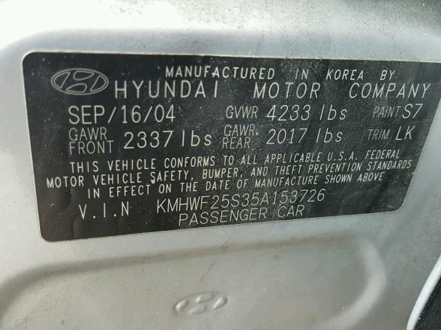 KMHWF25S35A153726 - 2005 HYUNDAI SONATA GL BLACK photo 10