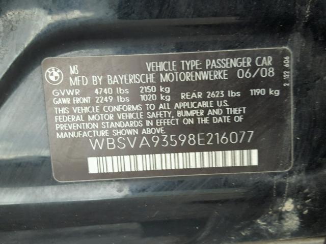 WBSVA93598E216077 - 2008 BMW M3 BLACK photo 10