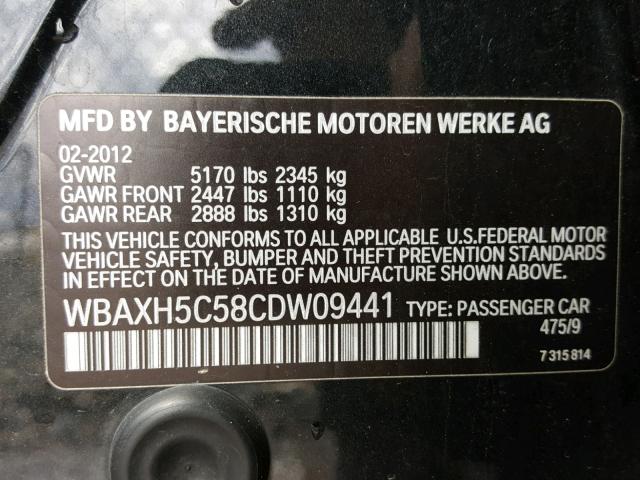 WBAXH5C58CDW09441 - 2012 BMW 528 XI BLACK photo 10