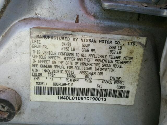 1N4DL01D91C198013 - 2001 NISSAN ALTIMA XE/ GRAY photo 10