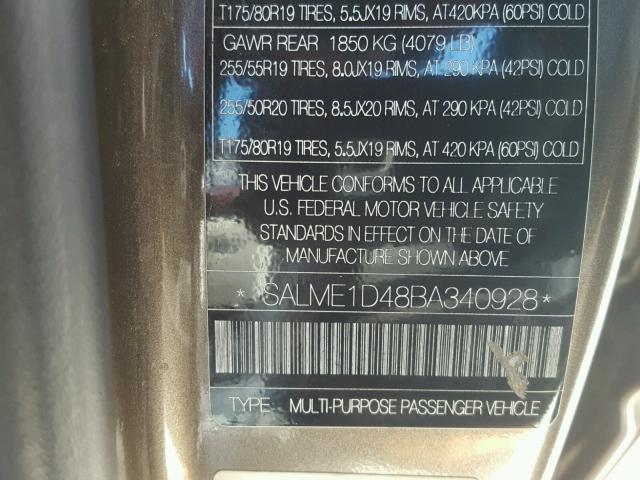 SALME1D48BA340928 - 2011 LAND ROVER RANGE ROVE BROWN photo 10