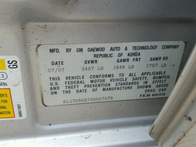 KL1TD56678B067678 - 2008 CHEVROLET AVEO BASE Gümüş fotoğraf 10