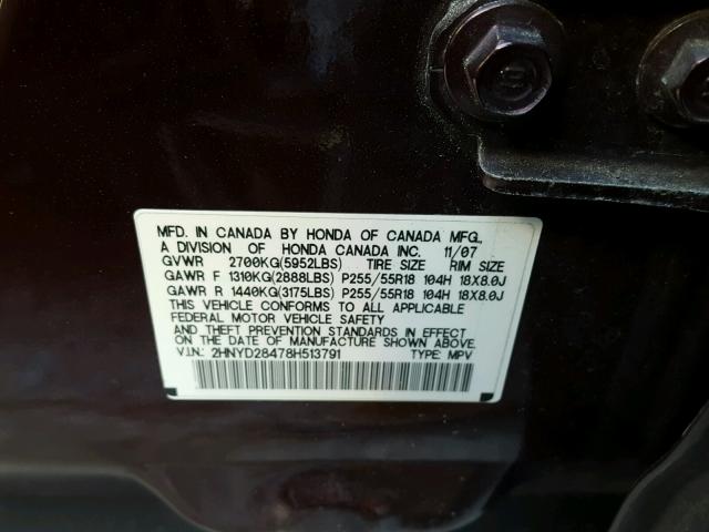 2HNYD28478H513791 - 2008 ACURA MDX TECHNO MAROON photo 10