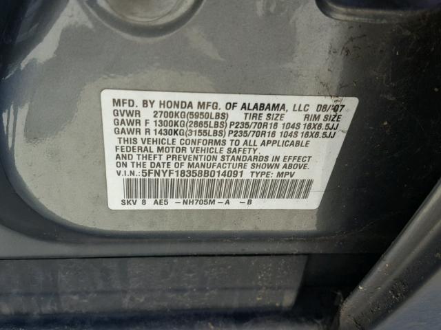 5FNYF18358B014091 - 2008 HONDA PILOT SE GRAY photo 10