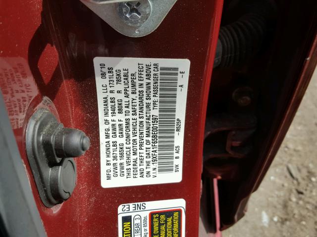 19XFA1F65BE001597 - 2011 HONDA CIVIC LX-S 栗色 照片 10