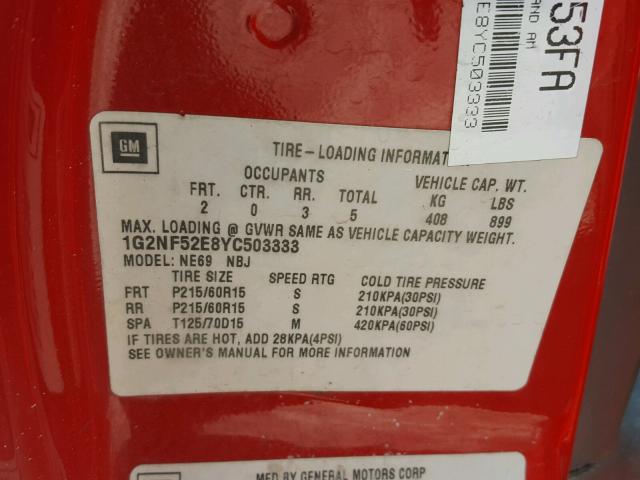 1G2NF52E8YC503333 - 2000 PONTIAC GRAND AM S Կարմիր լուսանկար 10