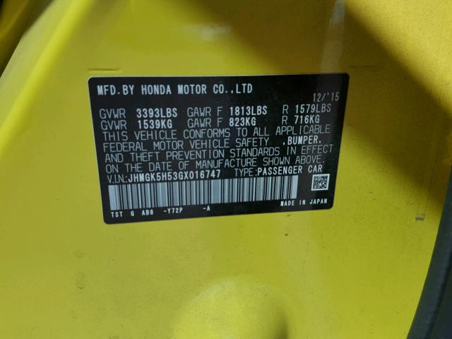 JHMGK5H53GX016747 - 2016 HONDA FIT LX Jaune photo 10