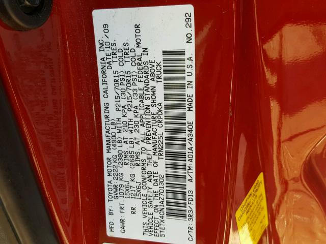 5TETX4CN1AZ701302 - 2010 TOYOTA TACOMA ACC RED photo 10