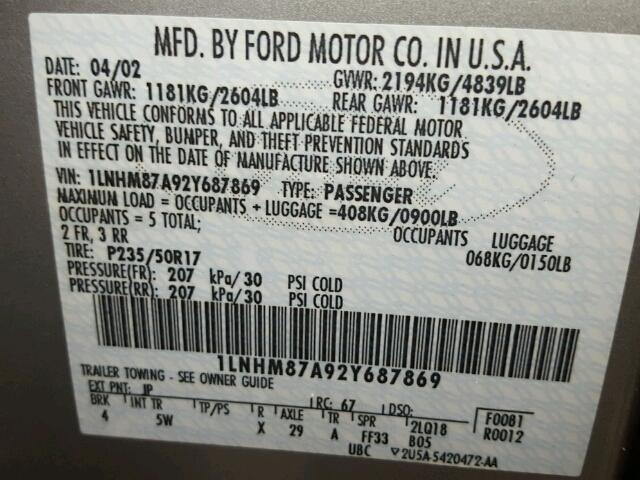 1LNHM87A92Y687869 - 2002 LINCOLN LS SILVER photo 10