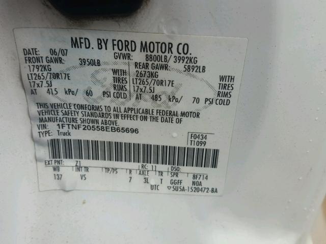 1FTNF20558EB65696 - 2008 FORD F250 SUPER WHITE photo 10