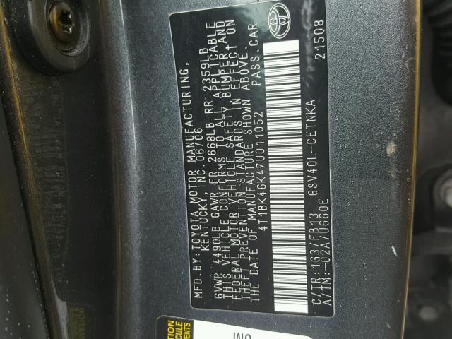 4T1BK46K47U011052 - 2007 TOYOTA CAMRY NEW GRAY photo 10