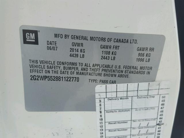 2G2WP552881122770 - 2008 PONTIAC GRAND PRIX WHITE photo 10