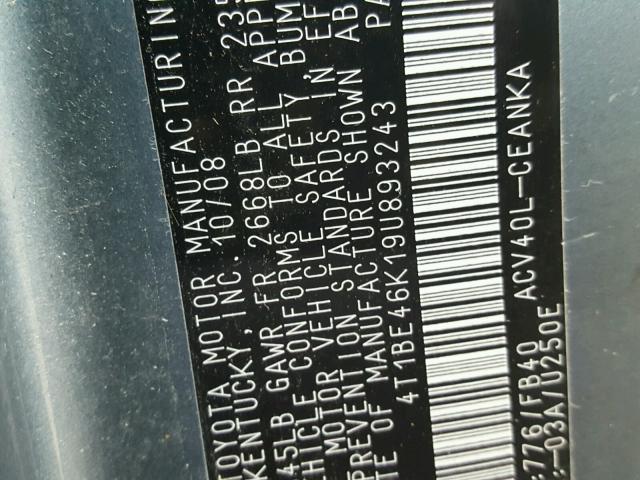 4T1BE46K19U893243 - 2009 TOYOTA CAMRY BASE GREEN photo 10