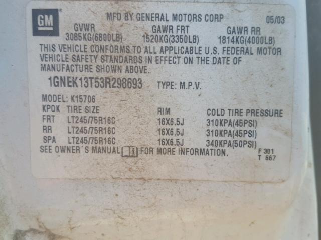 1GNEK13T53R298693 - 2003 CHEVROLET TAHOE K150 WHITE photo 10