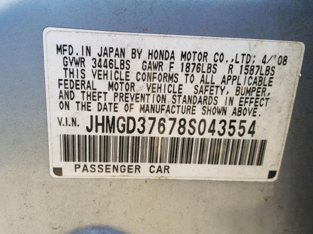 JHMGD37678S043554 - 2008 HONDA FIT SPORT BLUE photo 10