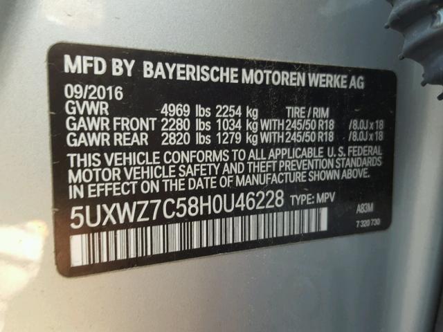 5UXWZ7C58H0U46228 - 2017 BMW X3 SDRIVE2 Plata foto 10
