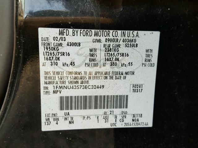 1FMNU43S73EC32449 - 2003 FORD EXCURSION BLACK photo 10