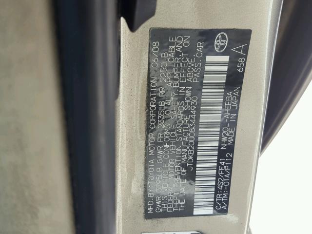 JTDKB20U083444930 - 2008 TOYOTA PRIUS TAN photo 10