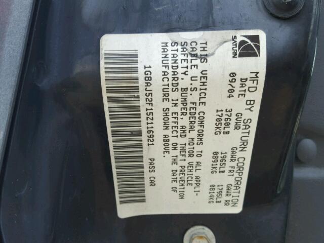 1G8AJ52F15Z116921 - 2005 SATURN ION LEVEL GRAY photo 10
