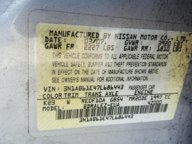 3N1AB61E47L686443 - 2007 NISSAN SENTRA 2.0 GRAY photo 10