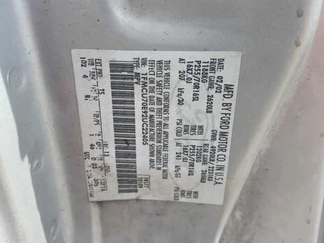 1FMCU70E92UC22405 - 2002 FORD EXPLORER S SILVER photo 10