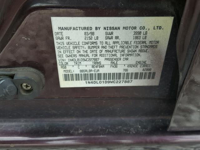 1N4DL01D9WC227887 - 1998 NISSAN ALTIMA XE MAROON photo 10