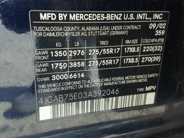 4JGAB75E03A392046 - 2003 MERCEDES-BENZ ML 500 BLUE photo 10