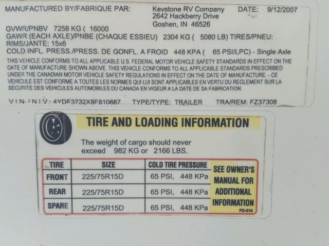 4YDF3732X8F810667 - 2008 KEYSTONE TRVL TRL WHITE photo 10