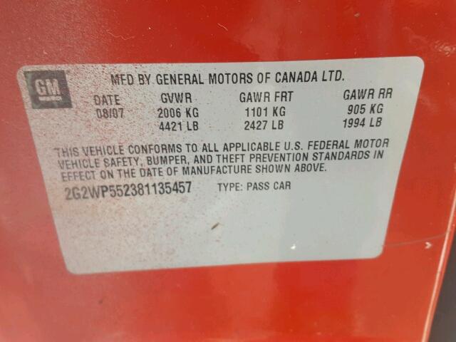 2G2WP552381135457 - 2008 PONTIAC GRAND PRIX RED photo 10