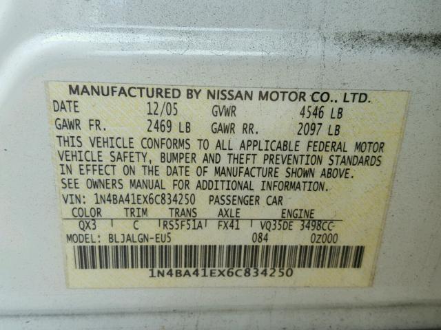 1N4BA41EX6C834250 - 2006 NISSAN MAXIMA SE WHITE photo 10