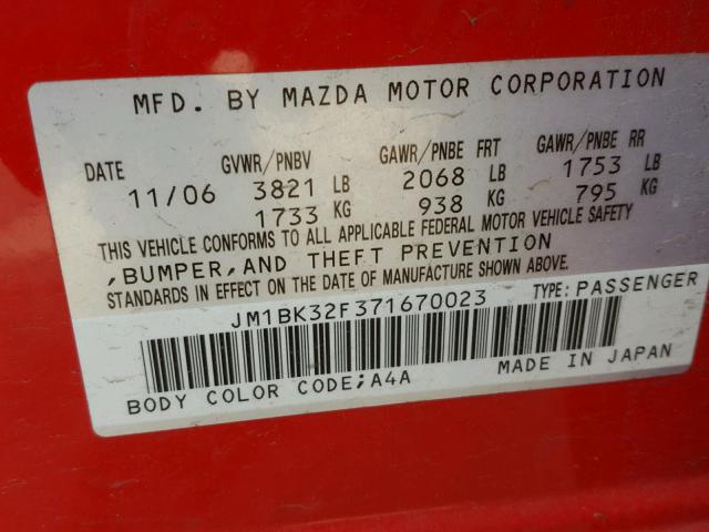 JM1BK32F371670023 - 2007 MAZDA 3 I RED photo 10