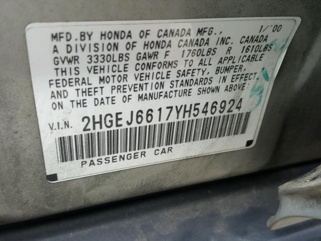 2HGEJ6617YH546924 - 2000 HONDA CIVIC BASE SILVER photo 10