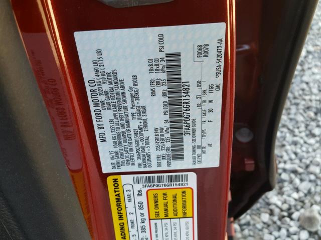 3FA6P0G76GR154821 - 2016 FORD FUSION S RED photo 10