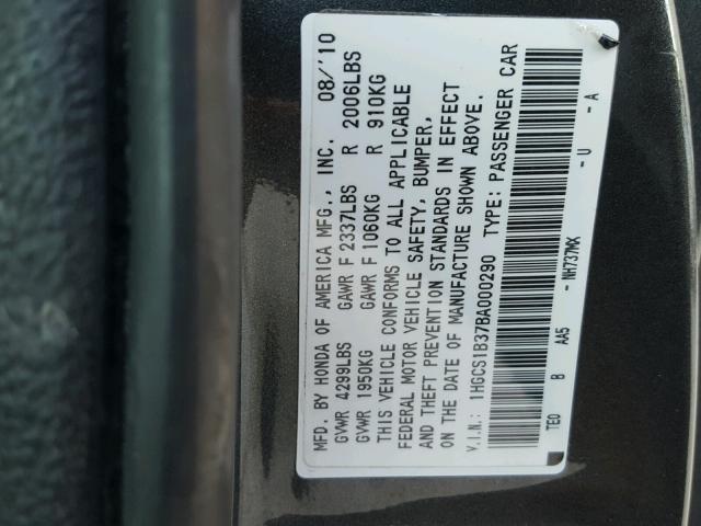 1HGCS1B37BA000290 - 2011 HONDA ACCORD LX- GRAY photo 10