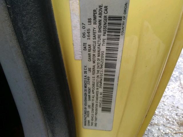 3VWRW31C17M522091 - 2007 VOLKSWAGEN NEW BEETLE 黄色 照片 10