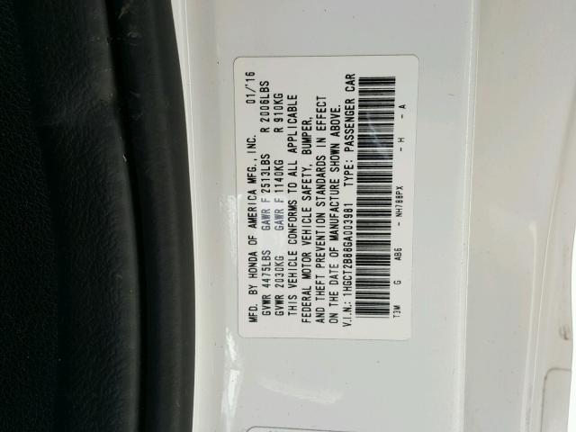 1HGCT2B88GA003981 - 2016 HONDA ACCORD EXL WHITE photo 10