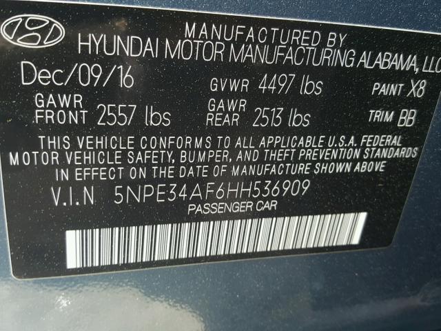 5NPE34AF6HH536909 - 2017 HYUNDAI SONATA SPO BLUE photo 10