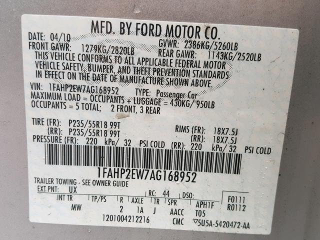 1FAHP2EW7AG168952 - 2010 FORD TAURUS SEL SILVER photo 10