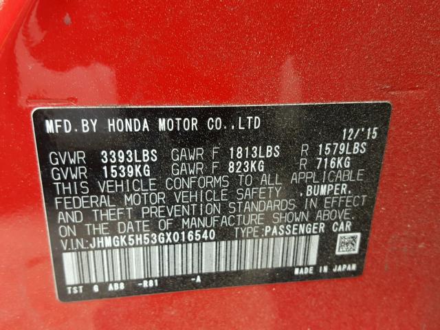 JHMGK5H53GX016540 - 2016 HONDA FIT LX RED photo 10