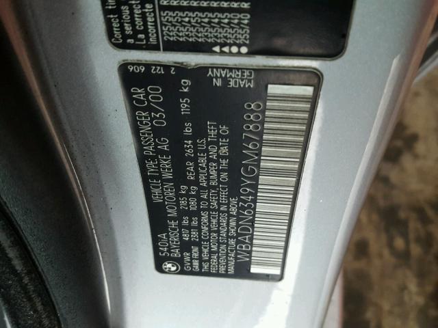 WBADN6349YGM67888 - 2000 BMW 540 I AUTO GRAY photo 10