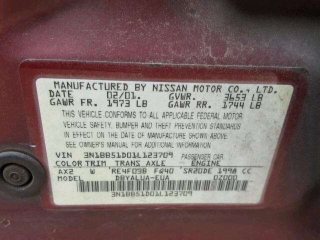 3N1BB51D01L123709 - 2001 NISSAN SENTRA SE MAROON photo 10