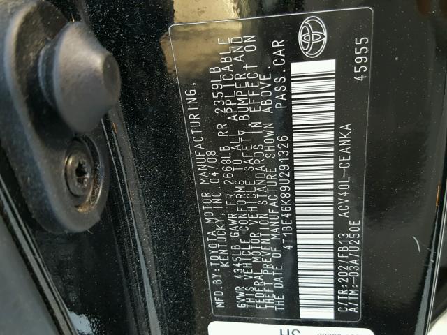 4T1BE46K89U291326 - 2009 TOYOTA CAMRY BASE BLACK photo 10