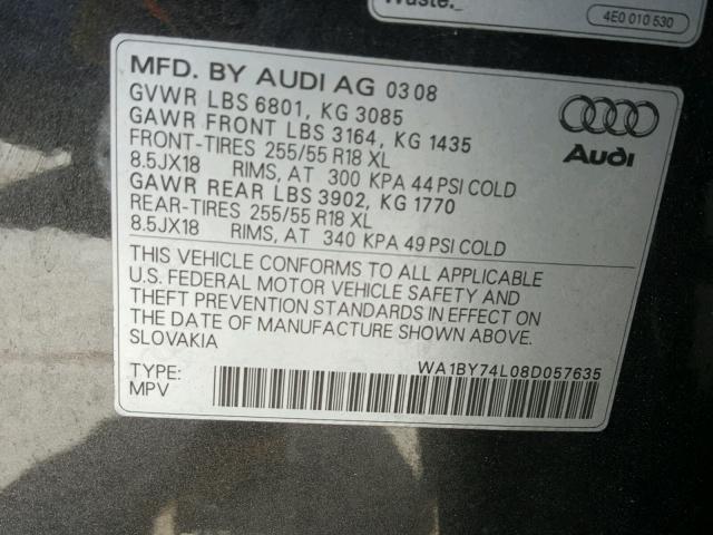 WA1BY74L08D057635 - 2008 AUDI Q7 3.6 QUA BLACK photo 10