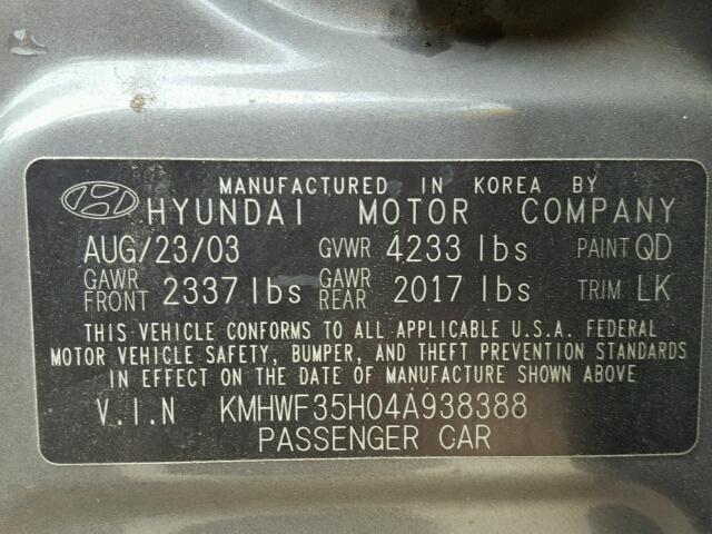 KMHWF35H04A938388 - 2004 HYUNDAI SONATA GLS GRAY photo 10