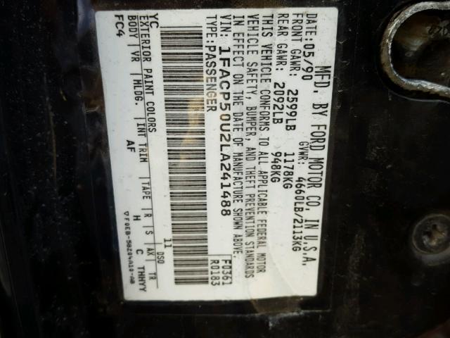 1FACP50U2LA241488 - 1990 FORD TAURUS L BLACK photo 10